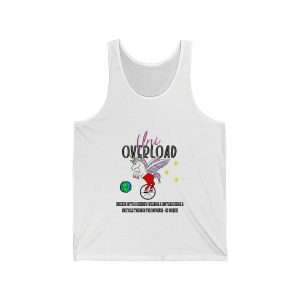 Funny Unisex Jersey Tank Top - Uni Overload: Unicorn with a Unibrow wearing a unitard riding a unicycle through the universe – so unique!